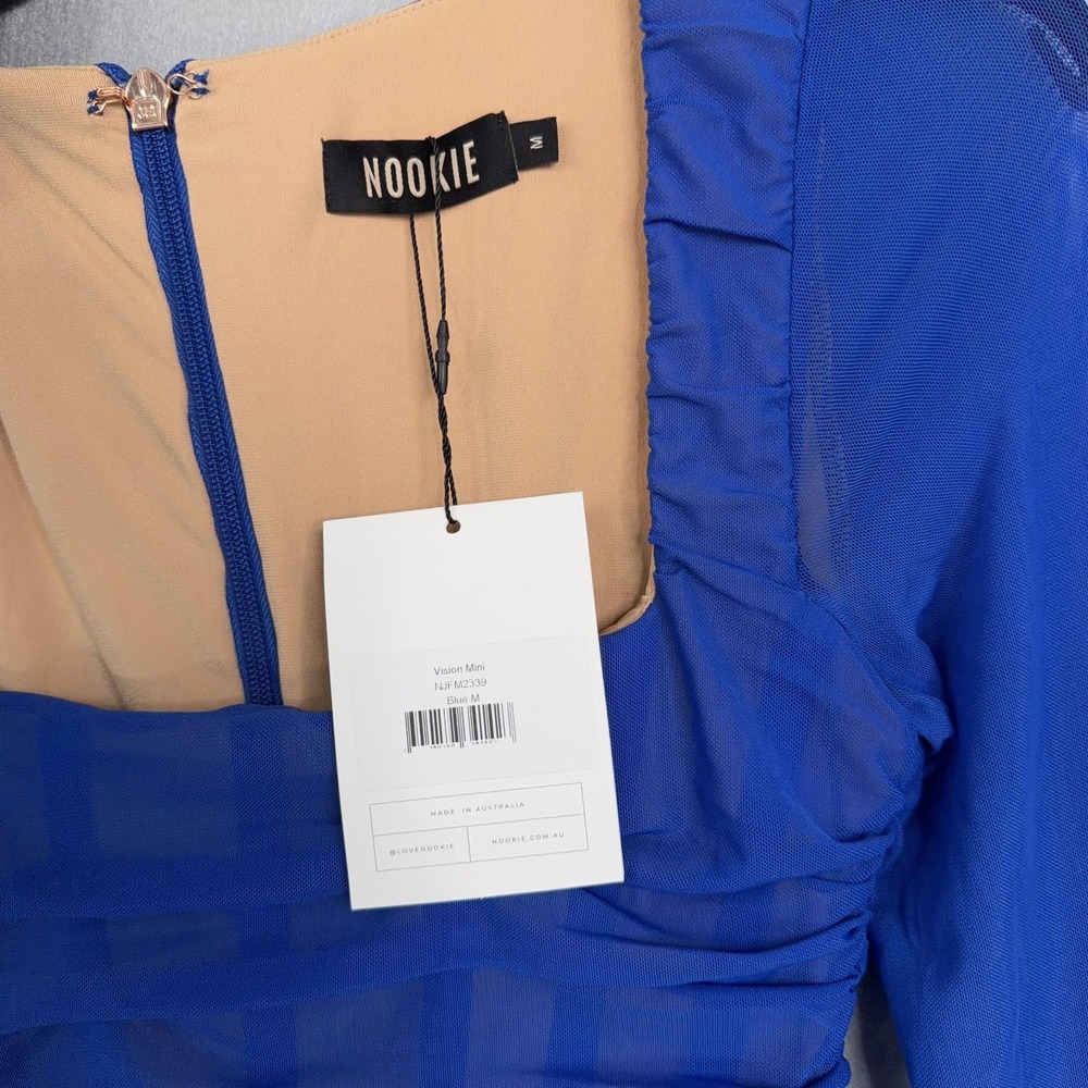 Nookie Dress Womens Medium Blue Ruched Mesh Vision Bodycon Mini Cocktail NWT - Picture 4 of 10